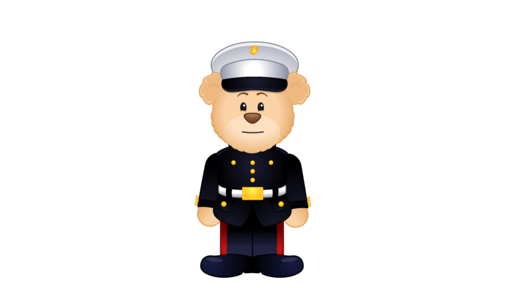 Animated bear in Marine Corps dress uniform.